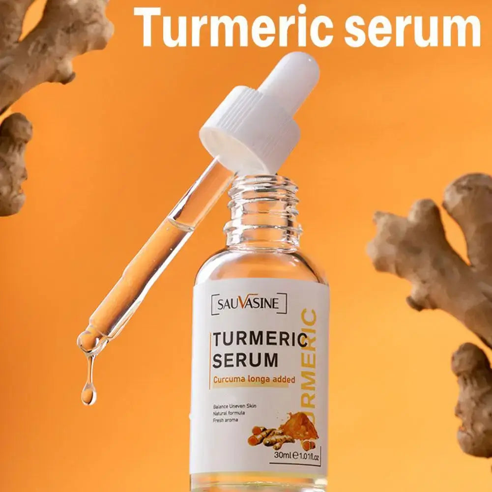 Turmeric Essential Oil in a dropper bottle promoting hydration and skin health, with turmeric root decor.