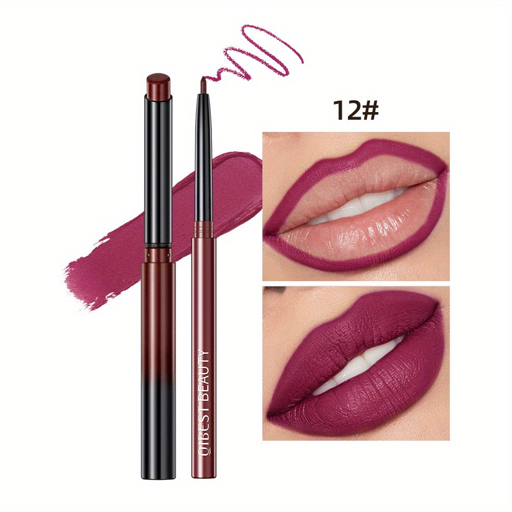 Matte Lip Liner & Lipstick Set with swatches showcasing various lip colors and finishes, smudge proof and waterproof.
