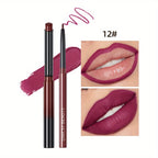 Matte Lip Liner & Lipstick Set with swatches showcasing various lip colors and finishes, smudge proof and waterproof.