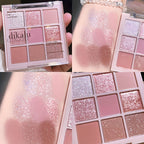 Cherry Blossom Eyeshadow Palette showing 9 shades of glitter and matte colors for versatile makeup looks.