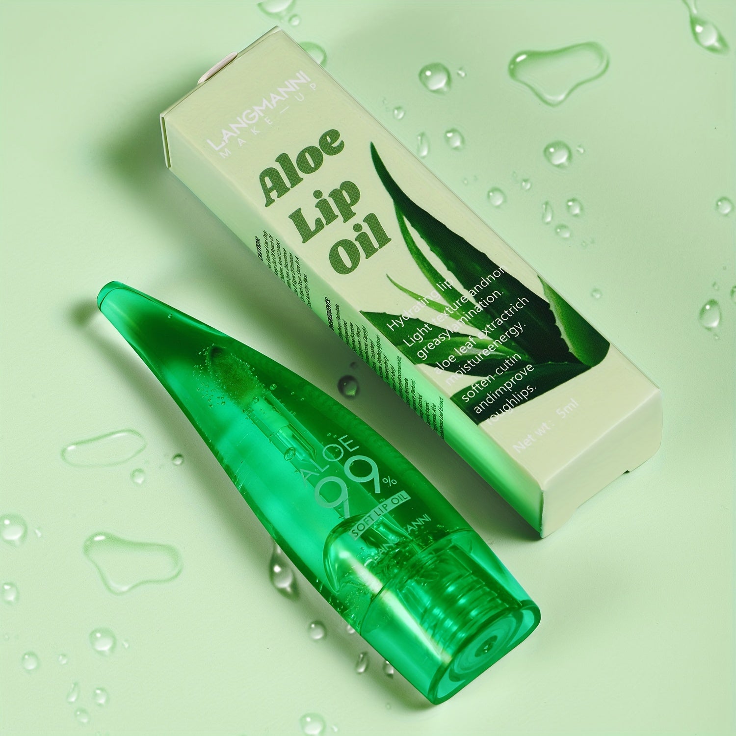 Aloe Vera Color Changing Lipstick in a green tube, showing lip color transformation over time with aloe vera leaves.
