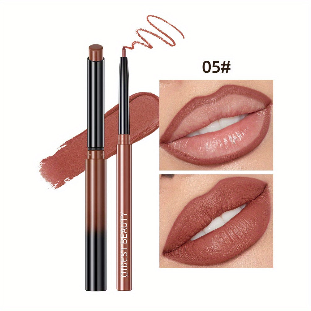 Matte Lip Liner & Lipstick Set with swatches showcasing various lip colors and finishes, smudge proof and waterproof.