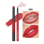 Matte Lip Liner & Lipstick Set with swatches showcasing various lip colors and finishes, smudge proof and waterproof.