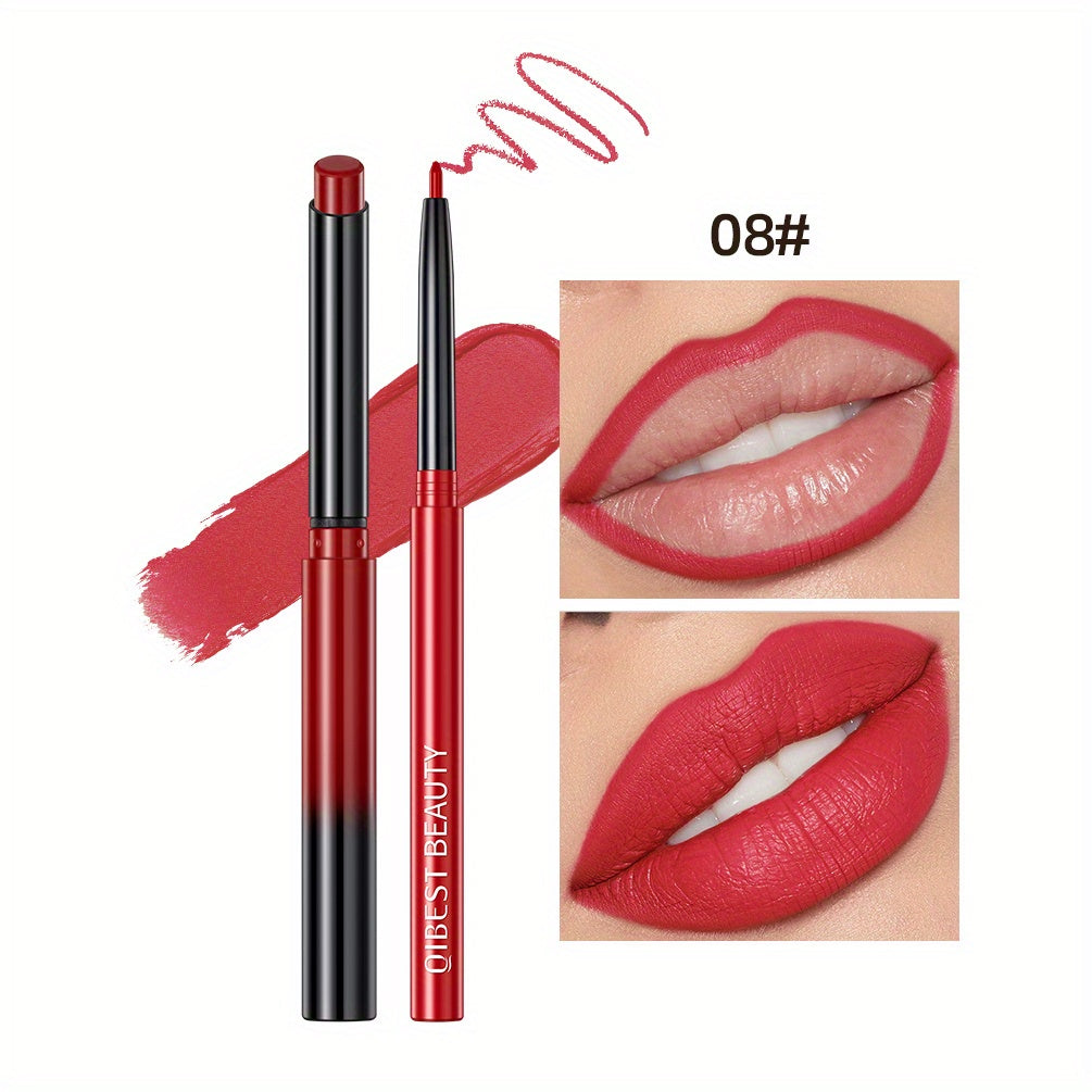Matte Lip Liner & Lipstick Set with swatches showcasing various lip colors and finishes, smudge proof and waterproof.