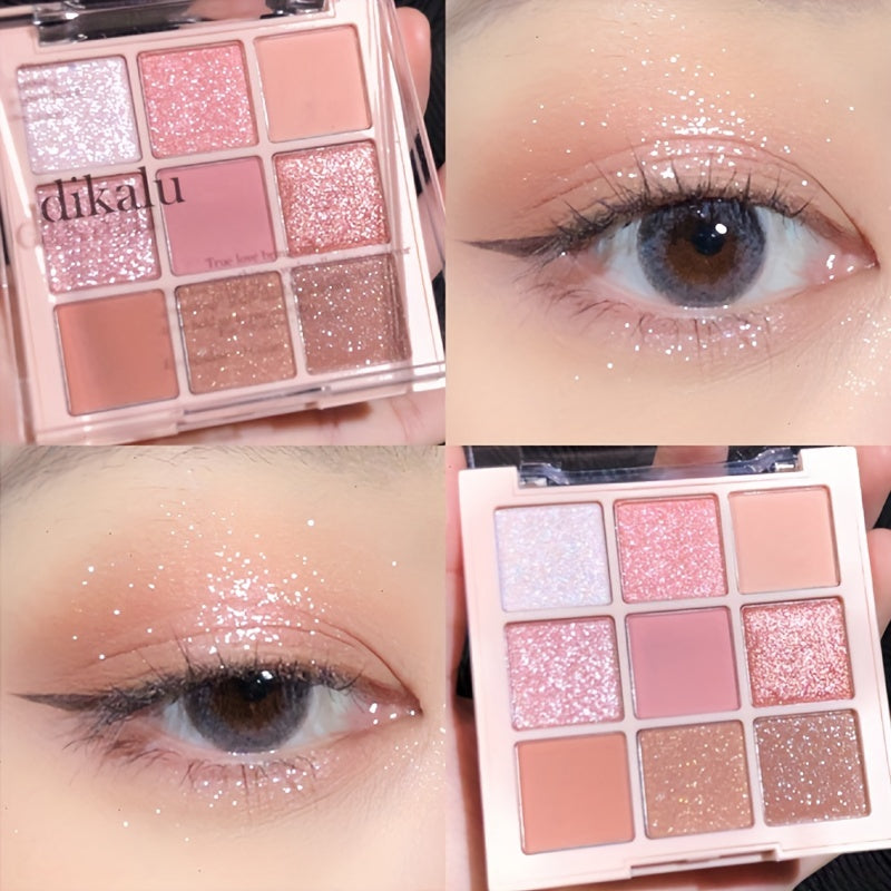 Cherry Blossom Eyeshadow Palette showing 9 shades of glitter and matte colors for versatile makeup looks.