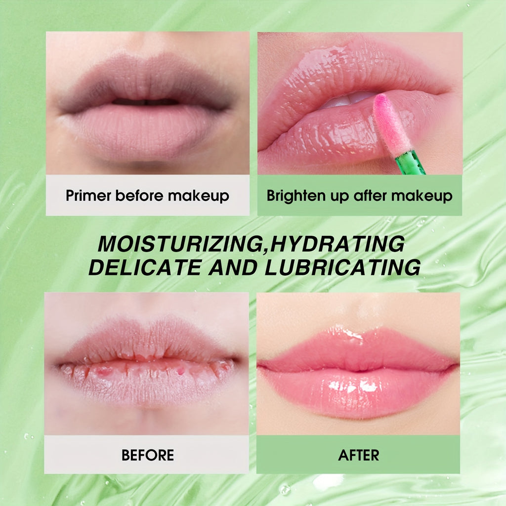 Aloe Vera Color Changing Lipstick in a green tube, showing lip color transformation over time with aloe vera leaves.