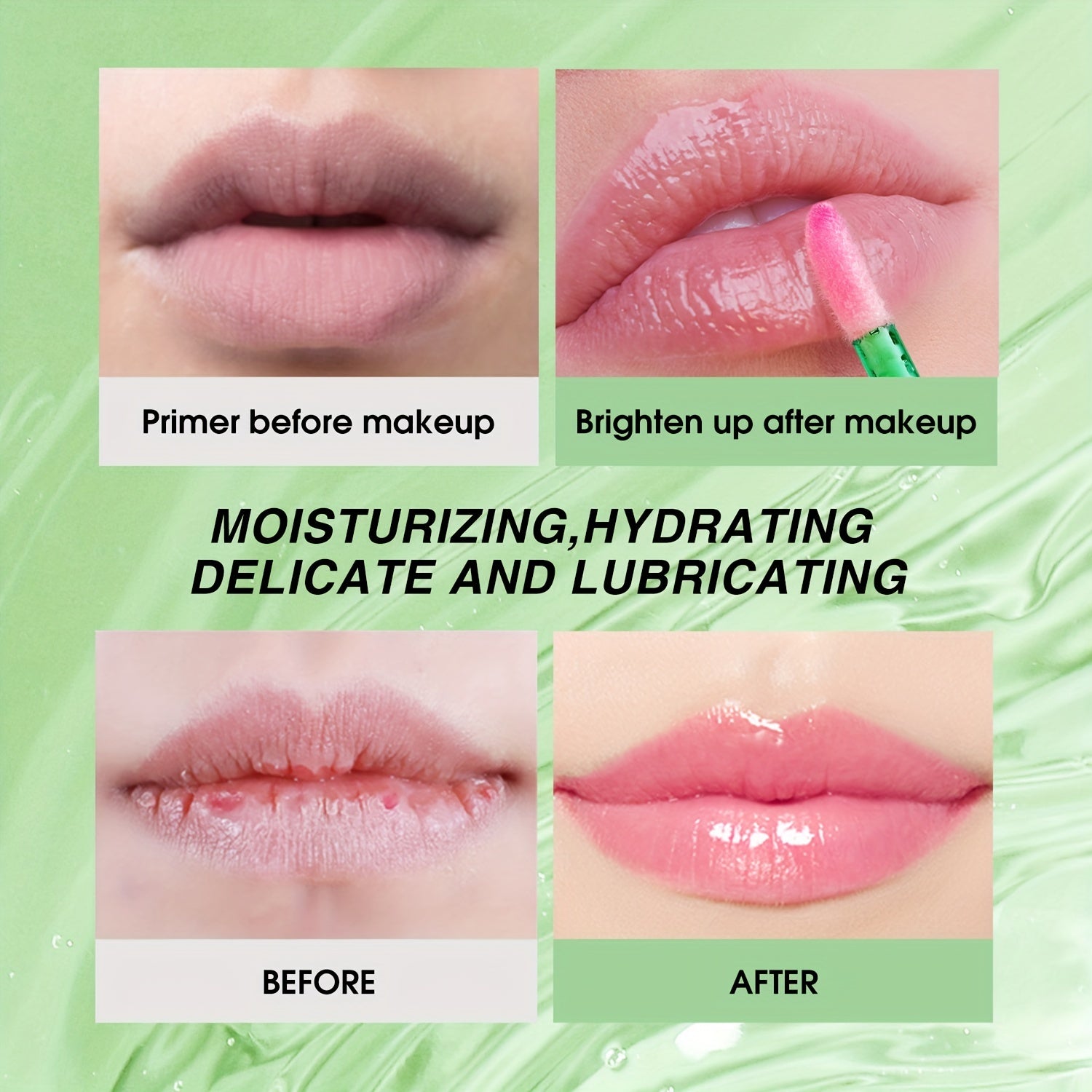 Aloe Vera Color Changing Lipstick in a green tube, showing lip color transformation over time with aloe vera leaves.