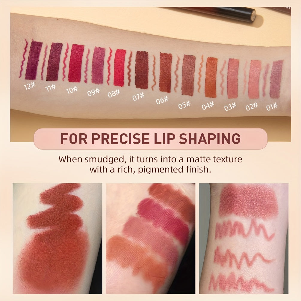 Matte Lip Liner & Lipstick Set with swatches showcasing various lip colors and finishes, smudge proof and waterproof.
