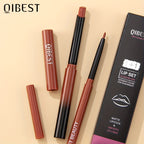 Matte Lip Liner & Lipstick Set with swatches showcasing various lip colors and finishes, smudge proof and waterproof.