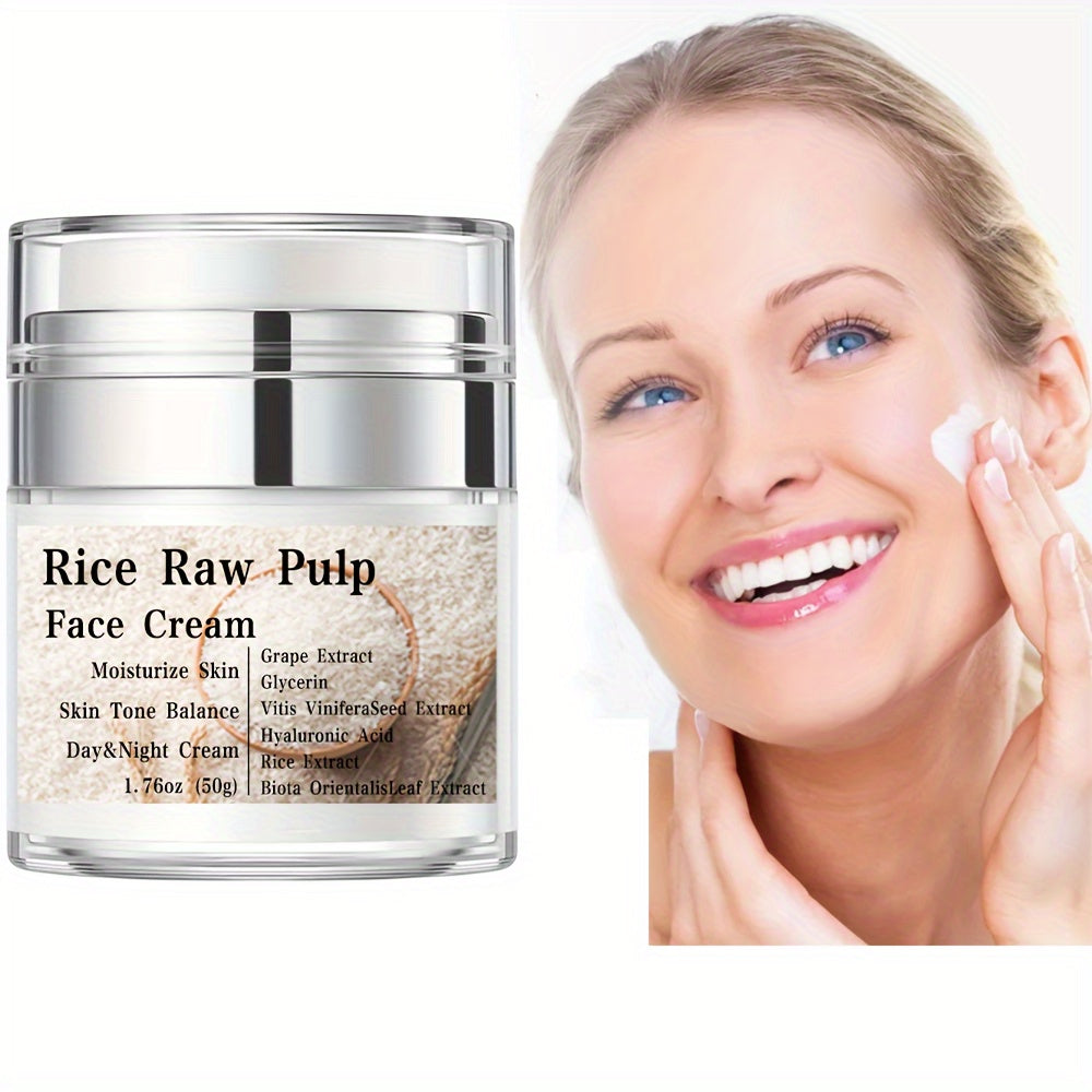 Rice Raw Pulp Face Cream shown on a model, emphasizing hydration, skin firmness, and moisturizing benefits.