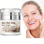Rice Raw Pulp Face Cream shown on a model, emphasizing hydration, skin firmness, and moisturizing benefits.