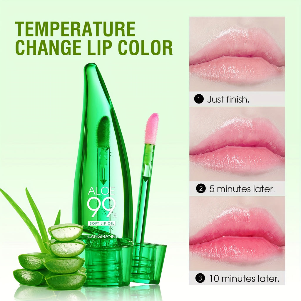 Aloe Vera Color Changing Lipstick in a green tube, showing lip color transformation over time with aloe vera leaves.