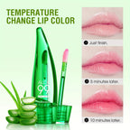 Aloe Vera Color Changing Lipstick in a green tube, showing lip color transformation over time with aloe vera leaves.