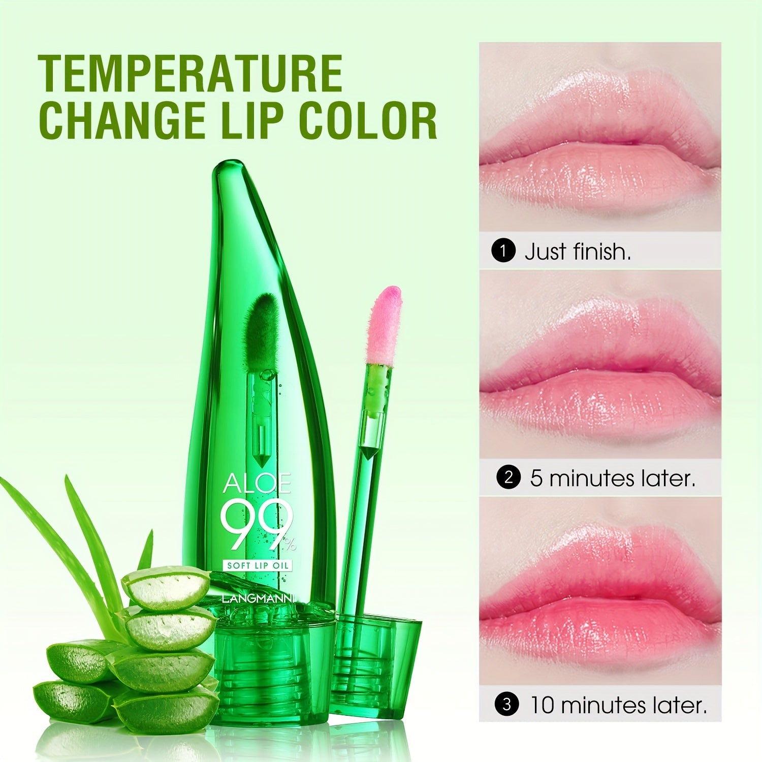 Aloe Vera Color Changing Lipstick in a green tube, showing lip color transformation over time with aloe vera leaves.