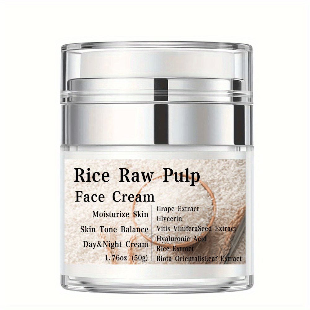 Rice Raw Pulp Face Cream shown on a model, emphasizing hydration, skin firmness, and moisturizing benefits.