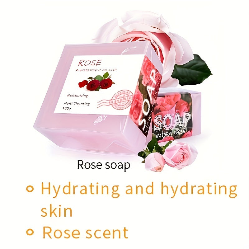 Handmade Essential Oil Soap Set featuring Rose soap, hydrates skin with a fresh rose scent, 100g.