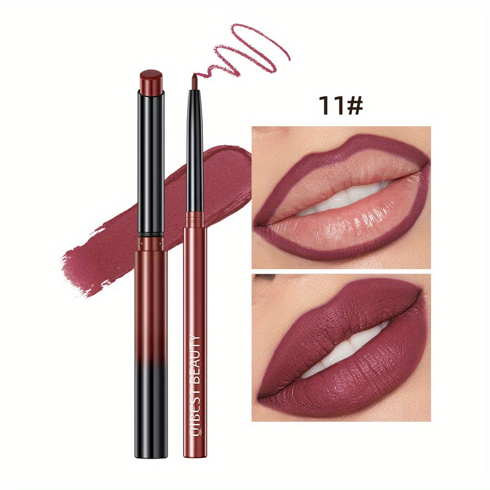 Matte Lip Liner & Lipstick Set with swatches showcasing various lip colors and finishes, smudge proof and waterproof.