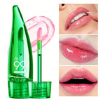 Aloe Vera Color Changing Lipstick in a green tube, showing lip color transformation over time with aloe vera leaves.