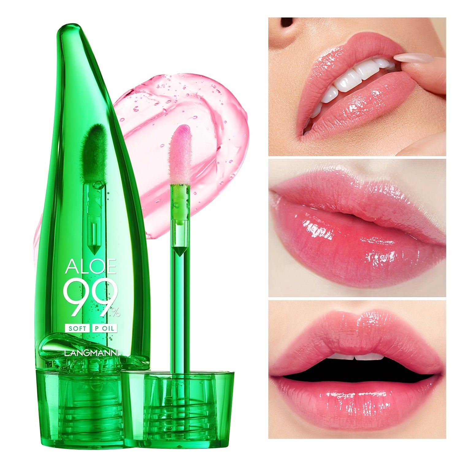 Aloe Vera Color Changing Lipstick in a green tube, showing lip color transformation over time with aloe vera leaves.